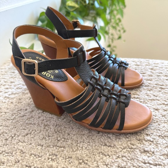 Kork-Ease PEPPER Black Leather BLOCK Heel Sandals Multi T-Strap WOMEN 7 - Picture 1 of 10